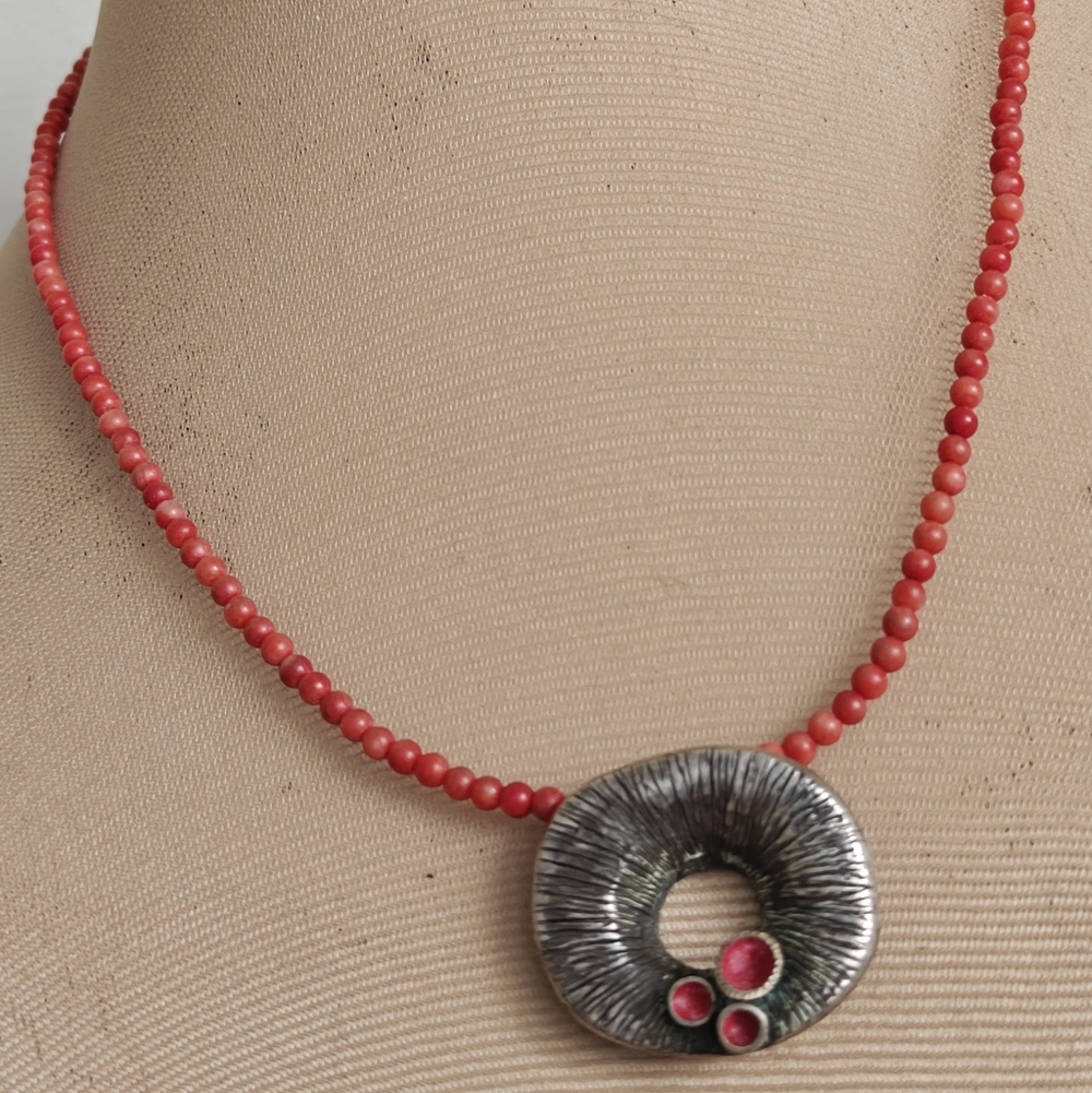 Vintage Brutalist Sterling Silver Pendant Red Mediterranean Coral Necklace